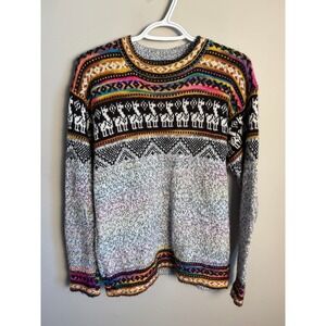 Womens Multicolor Fair Isle Llama Sweater S Boho Nordic Winter Cozy Cottagecore